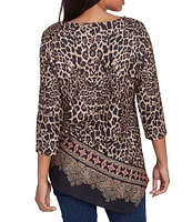 Ruby Rd. Knit Leopard Paisley Border Print Ballet Neck 3/4 Sleeve Top