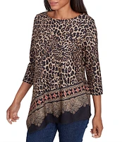 Ruby Rd. Knit Leopard Paisley Border Print Ballet Neck 3/4 Sleeve Top