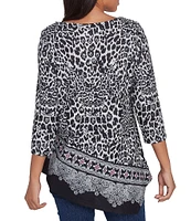 Ruby Rd. Knit Leopard Paisley Border Print Ballet Neck 3/4 Sleeve Top