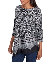 Ruby Rd. Knit Leopard Paisley Border Print Ballet Neck 3/4 Sleeve Top