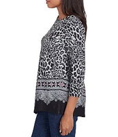 Ruby Rd. Knit Leopard Paisley Border Print Ballet Neck 3/4 Sleeve Top