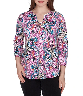 Ruby Rd. Knit Paisley Print Embellished Split Neck 3/4 Sleeve Top