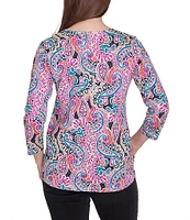 Ruby Rd. Knit Paisley Print Embellished Split Neck 3/4 Sleeve Top