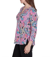 Ruby Rd. Knit Paisley Print Embellished Split Neck 3/4 Sleeve Top