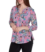 Ruby Rd. Knit Paisley Print Embellished Split Neck 3/4 Sleeve Top