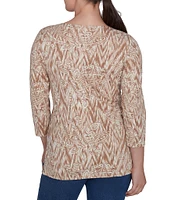 Ruby Rd. Knit Paisley Print Embellished V-Neck 3/4 Sleeve Side Slit Chevron Top