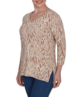 Ruby Rd. Knit Paisley Print Embellished V-Neck 3/4 Sleeve Side Slit Chevron Top