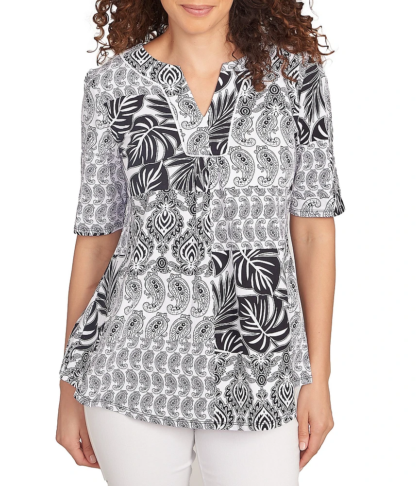 Ruby Rd. Knit Patchwork Split V-Neck Short Sleeve Top
