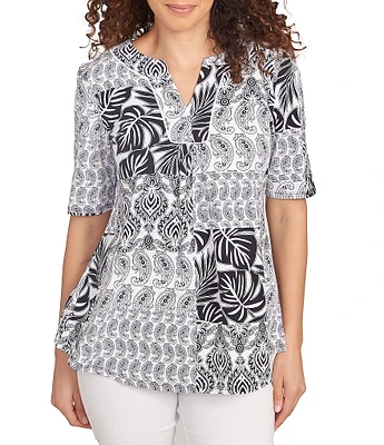 Ruby Rd. Knit Patchwork Split V-Neck Short Sleeve Top