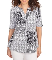 Ruby Rd. Knit Patchwork Split V-Neck Short Sleeve Top