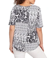 Ruby Rd. Knit Patchwork Split V-Neck Short Sleeve Top
