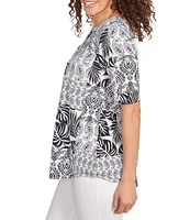 Ruby Rd. Knit Patchwork Split V-Neck Short Sleeve Top