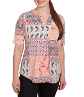 Ruby Rd. Knit Patchwork Split V-Neck Short Sleeve Top