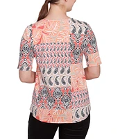 Ruby Rd. Knit Patchwork Split V-Neck Short Sleeve Top