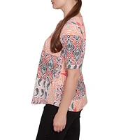 Ruby Rd. Knit Patchwork Split V-Neck Short Sleeve Top
