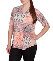 Ruby Rd. Knit Patchwork Split V-Neck Short Sleeve Top