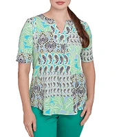 Ruby Rd. Knit Patchwork Split V-Neck Short Sleeve Top
