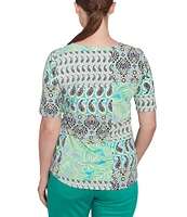 Ruby Rd. Knit Patchwork Split V-Neck Short Sleeve Top