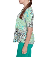 Ruby Rd. Knit Patchwork Split V-Neck Short Sleeve Top