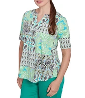 Ruby Rd. Knit Patchwork Split V-Neck Short Sleeve Top