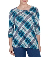 Ruby Rd. Knit Plaid O-Ring Detail Crew Neck 3/4 Sleeve Hatchi Top