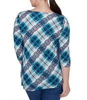 Ruby Rd. Knit Plaid O-Ring Detail Crew Neck 3/4 Sleeve Hatchi Top