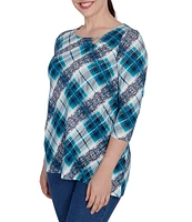 Ruby Rd. Knit Plaid O-Ring Detail Crew Neck 3/4 Sleeve Hatchi Top