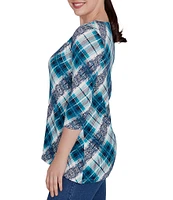 Ruby Rd. Knit Plaid O-Ring Detail Crew Neck 3/4 Sleeve Hatchi Top