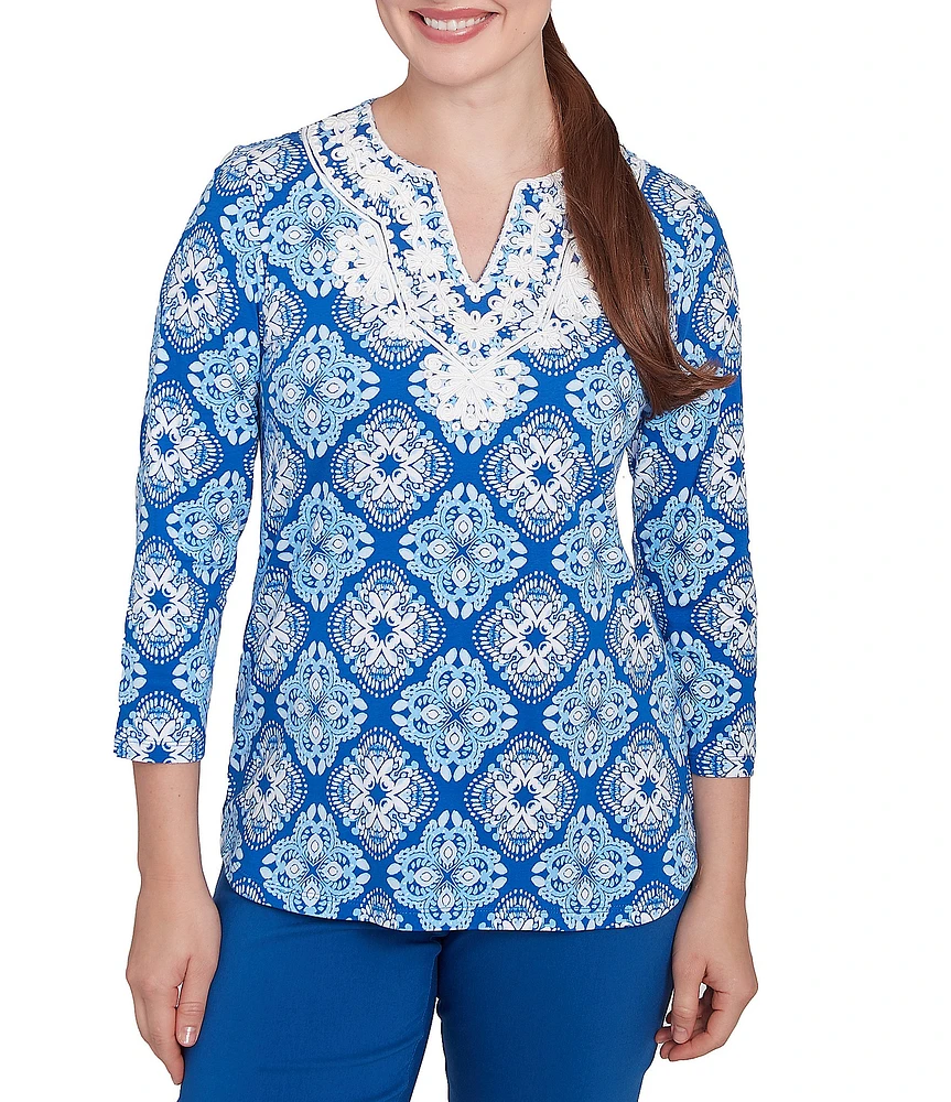 Ruby Rd. Knit Printed Round Split V-Neck 3/4 Sleeve Top