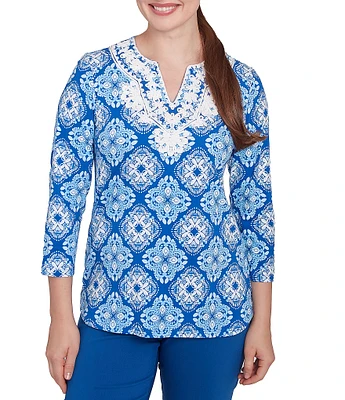 Ruby Rd. Knit Printed Round Split V-Neck 3/4 Sleeve Top
