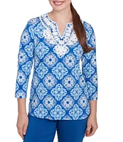 Ruby Rd. Knit Printed Round Split V-Neck 3/4 Sleeve Top