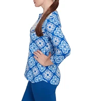 Ruby Rd. Knit Printed Round Split V-Neck 3/4 Sleeve Top