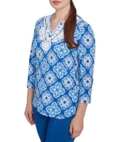 Ruby Rd. Knit Printed Round Split V-Neck 3/4 Sleeve Top
