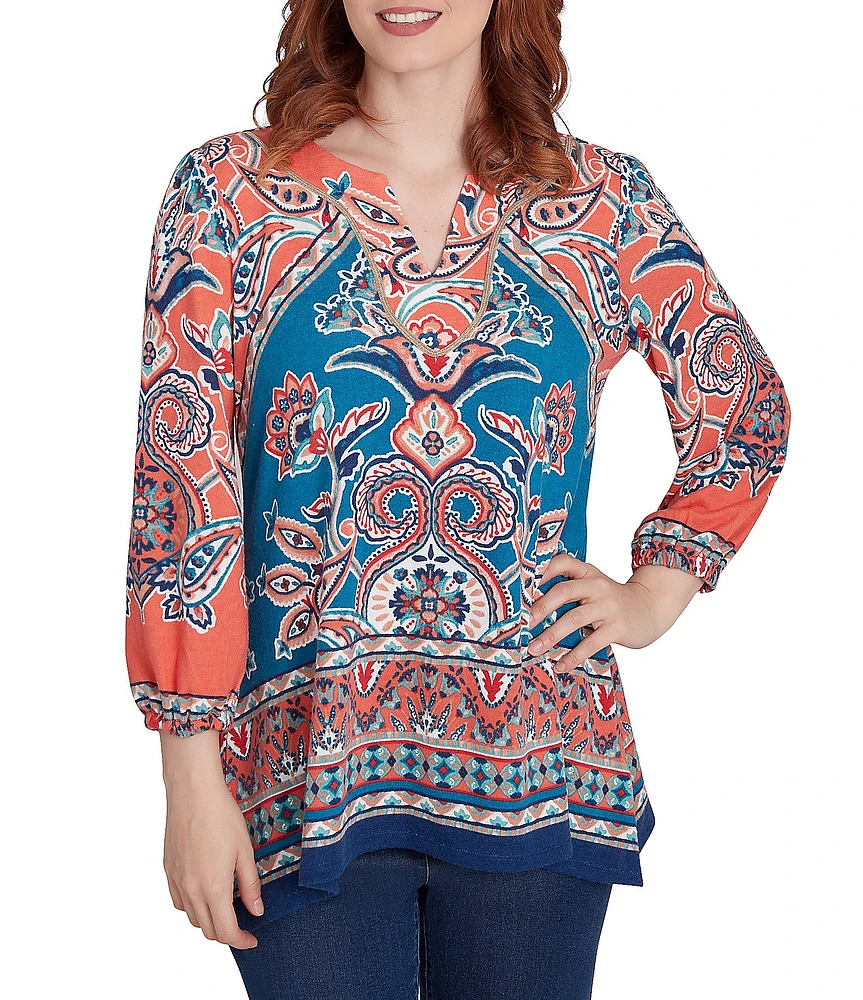 Ruby Rd. Knit Printed Split V-Neck 3/4 Sleeve Shark-Bite Hem Top