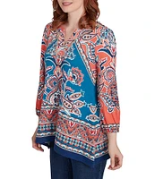 Ruby Rd. Knit Printed Split V-Neck 3/4 Sleeve Shark-Bite Hem Top