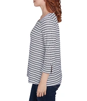 Ruby Rd. Ribbon Stripe Print Knit Square Button Trim Detail Neck 3/4 Bell Sleeve Top