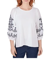 Ruby Rd. Knit Crew Neck Embroidered 3/4 Balloon Sleeve Top