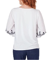 Ruby Rd. Knit Crew Neck Embroidered 3/4 Balloon Sleeve Top