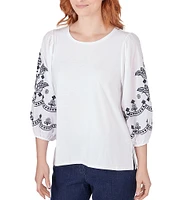 Ruby Rd. Knit Crew Neck Embroidered 3/4 Balloon Sleeve Top