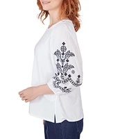 Ruby Rd. Knit Crew Neck Embroidered 3/4 Balloon Sleeve Top