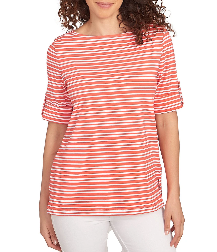 Ruby Rd. Knit Stripe Boat Neck Short Roll-Tab Sleeve Top