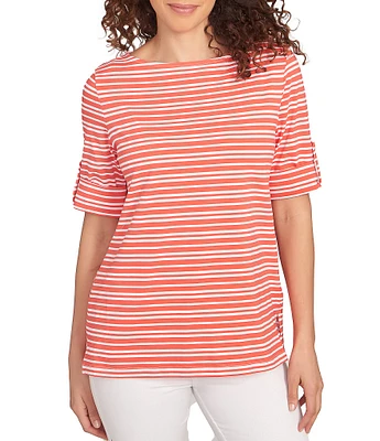 Ruby Rd. Knit Stripe Boat Neck Short Roll-Tab Sleeve Top