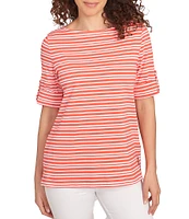 Ruby Rd. Knit Stripe Boat Neck Short Roll-Tab Sleeve Top