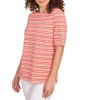 Ruby Rd. Knit Stripe Boat Neck Short Roll-Tab Sleeve Top