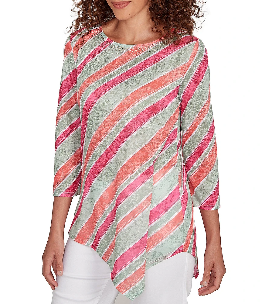Ruby Rd. Knit Stripe Crew Neck 3/4 Sleeve Asymmetric Hem Top