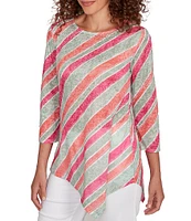 Ruby Rd. Knit Stripe Crew Neck 3/4 Sleeve Asymmetric Hem Top