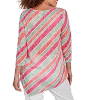 Ruby Rd. Knit Stripe Crew Neck 3/4 Sleeve Asymmetric Hem Top