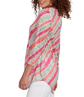 Ruby Rd. Knit Stripe Crew Neck 3/4 Sleeve Asymmetric Hem Top