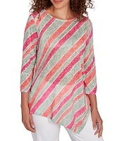 Ruby Rd. Knit Stripe Crew Neck 3/4 Sleeve Asymmetric Hem Top
