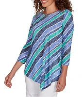 Ruby Rd. Knit Stripe Crew Neck 3/4 Sleeve Asymmetric Hem Top
